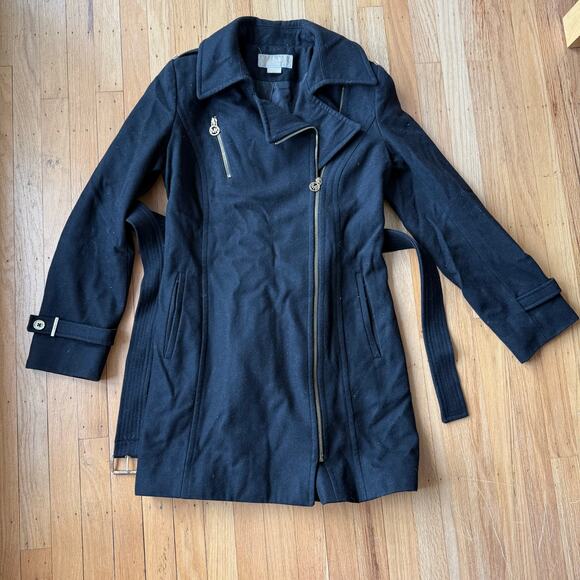 Michael Kors Black Full Zip Wool Blend Pea Coat with Belt Size 4 Classic Preppy - Picture 12 of 16